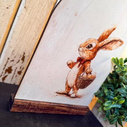 Bunny With Egg Basket Arched Wood Sign Shelf Sitter