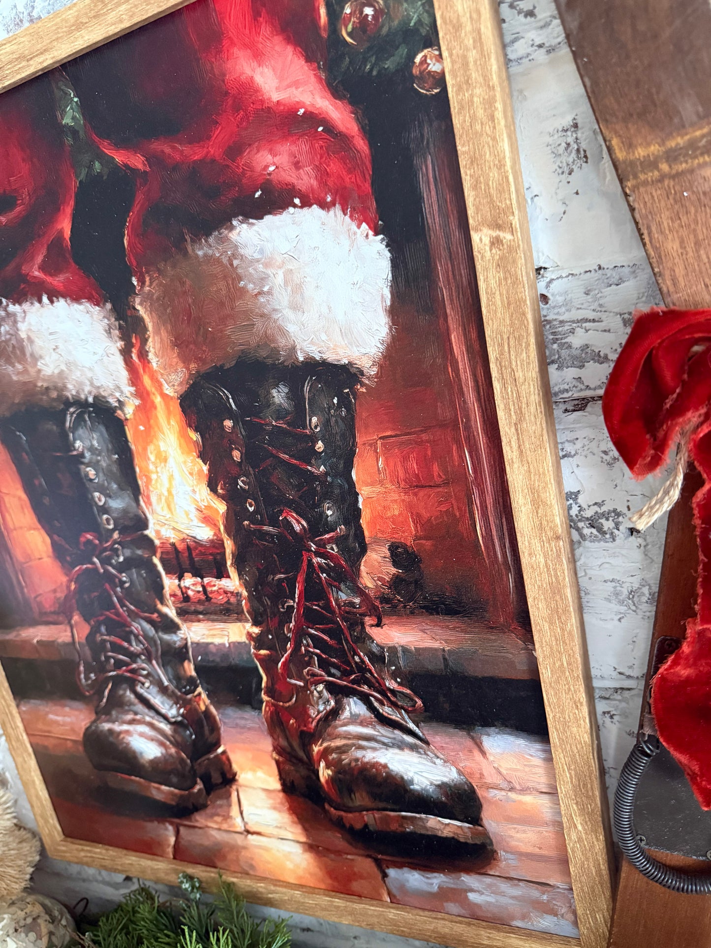 Santa Boots by Fireplace Wood Sign