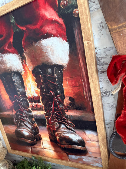 Santa Boots by Fireplace Wood Sign