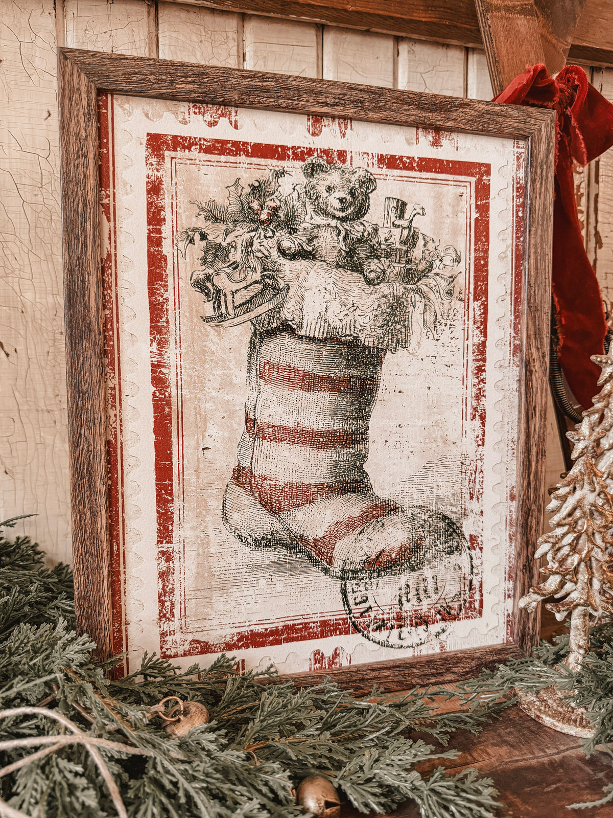 Vintage Christmas Stocking Stamp Wood Sign