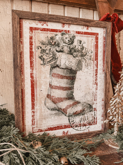 Vintage Christmas Stocking Stamp Wood Sign