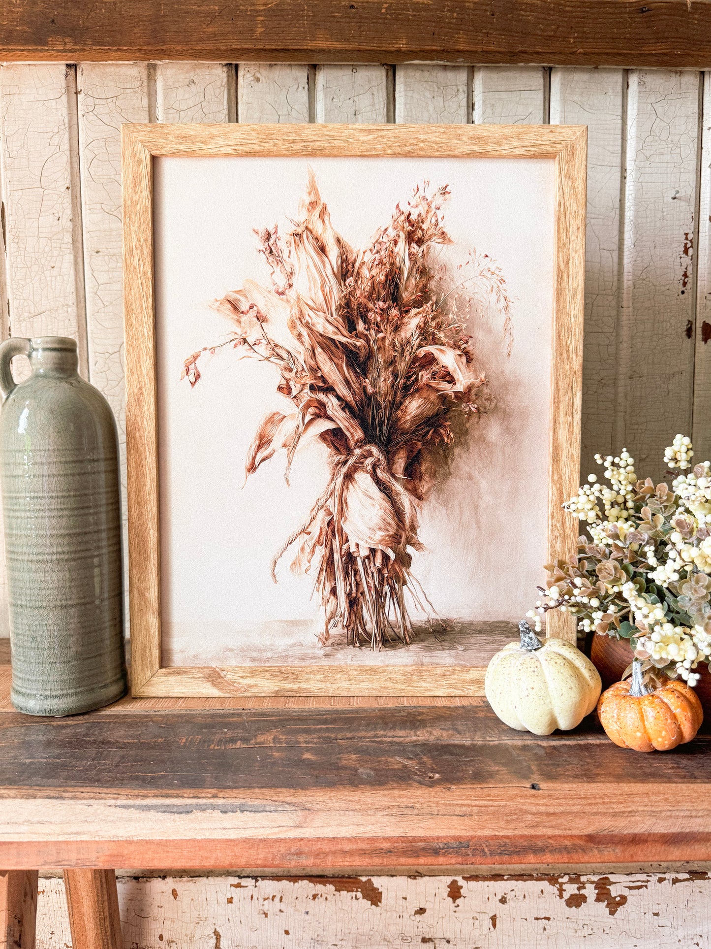 Dried Corn Husk Bundle Art Print Wood Sign
