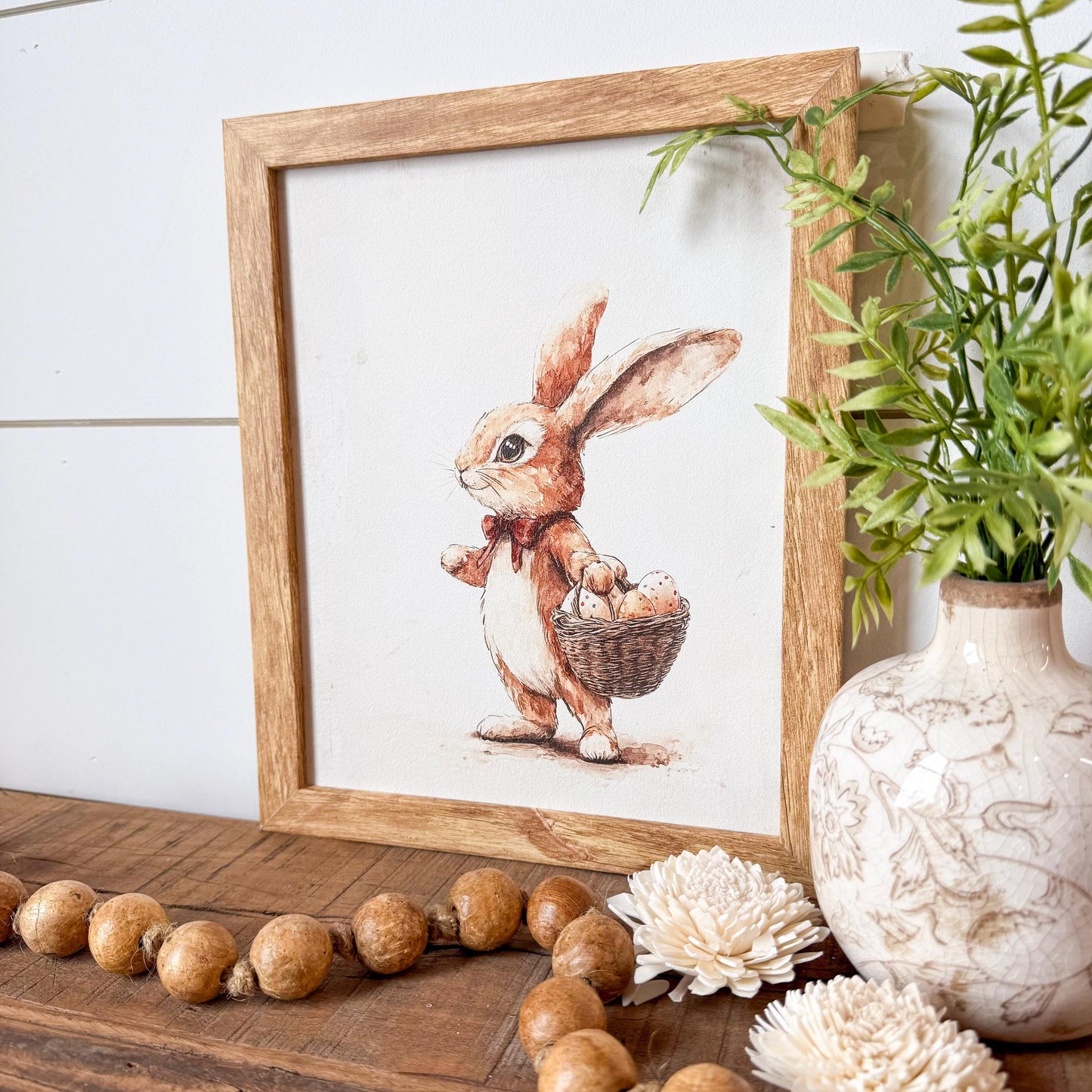 Vintage Rabbit With Basket Easter Spring Wall Art