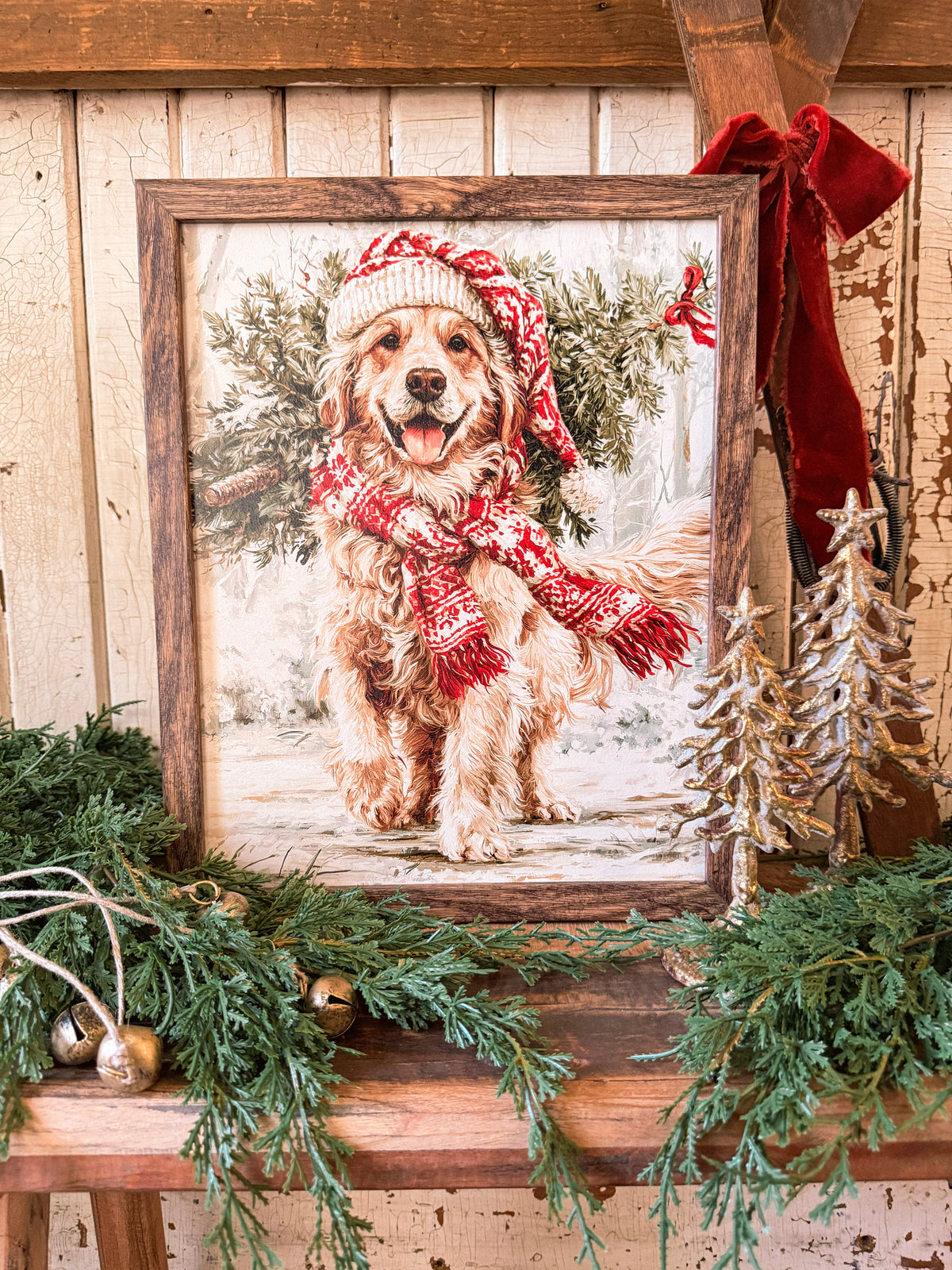 Colorful Golden Retriever Christmas Wood Sign