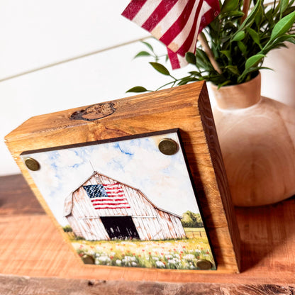 White Barn American Flag Mini Wood Block