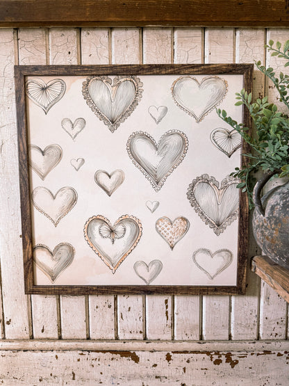 Vintage Tan Valentines Day Hearts Layering Wood Sign