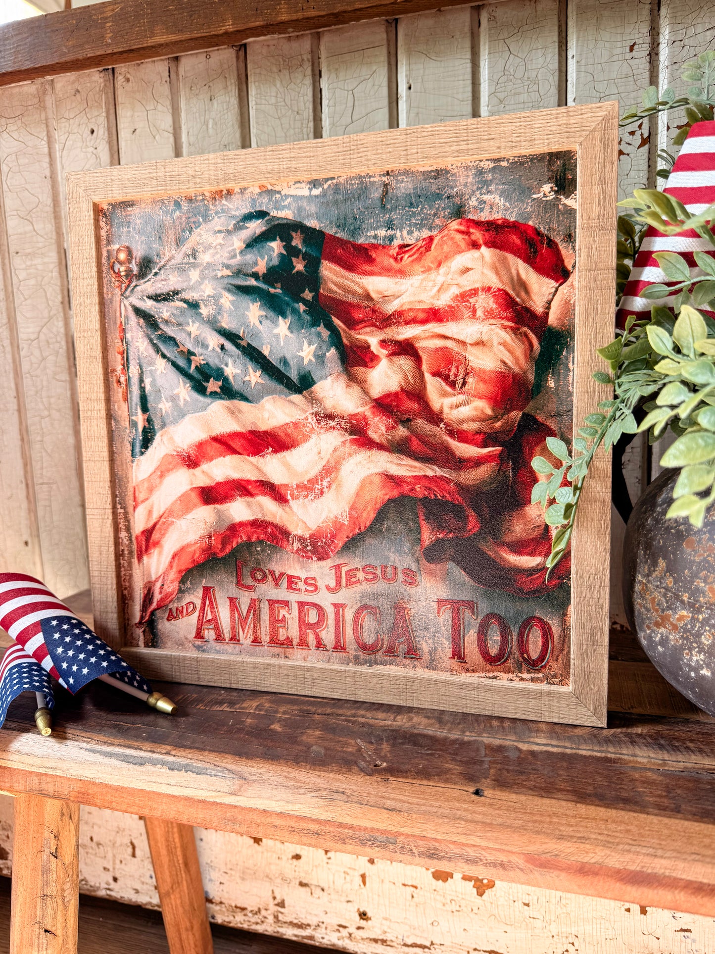 Loves Jesus & America Too Flag Wood Sign