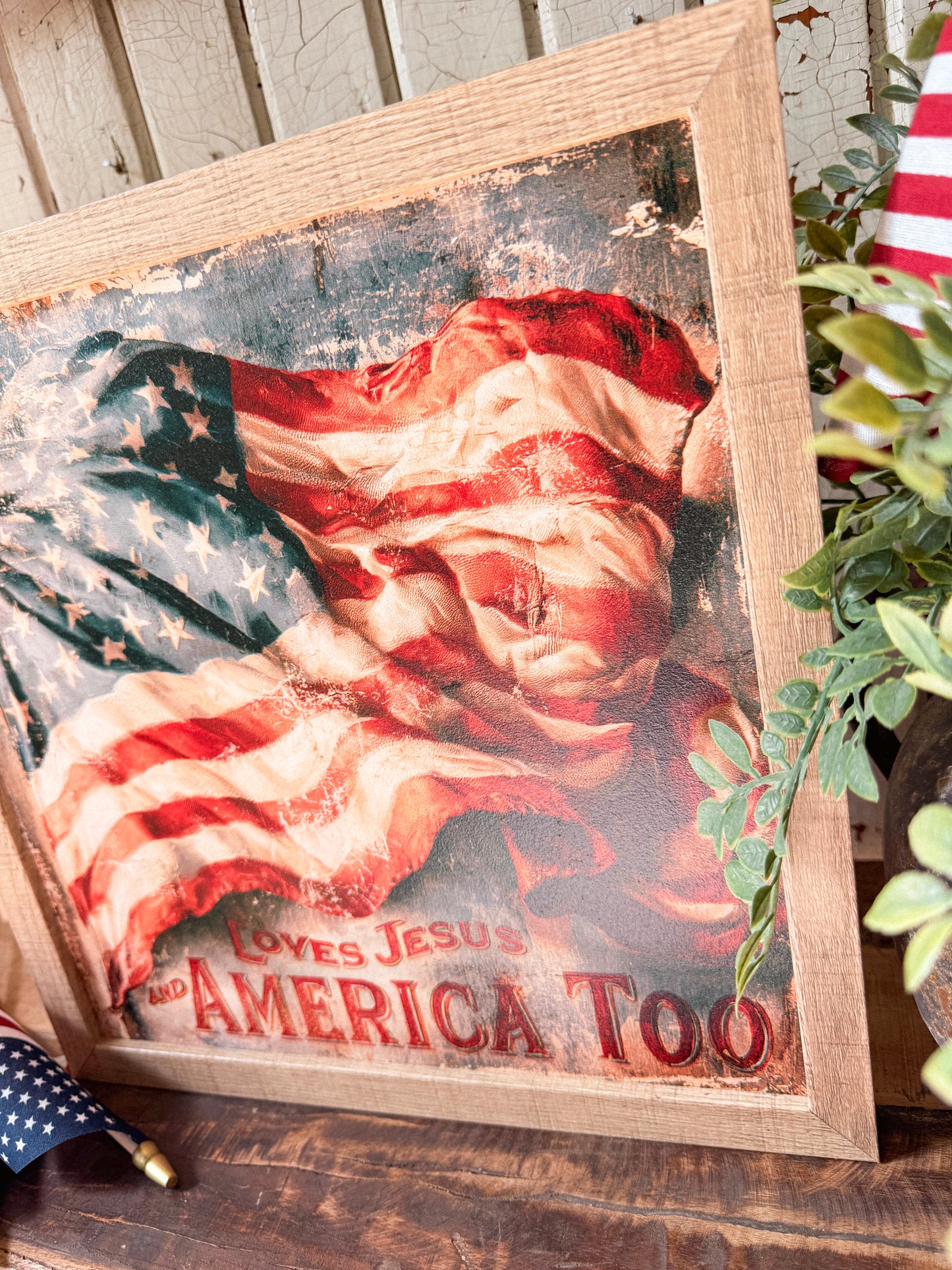 Loves Jesus & America Too Flag Wood Sign