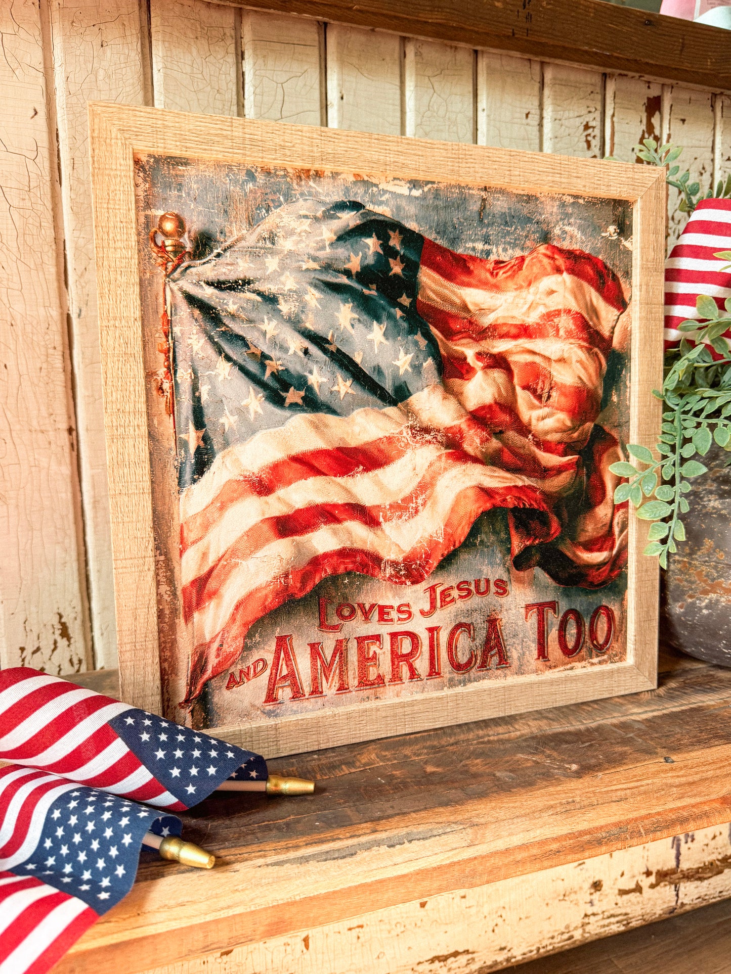 Loves Jesus & America Too Flag Wood Sign