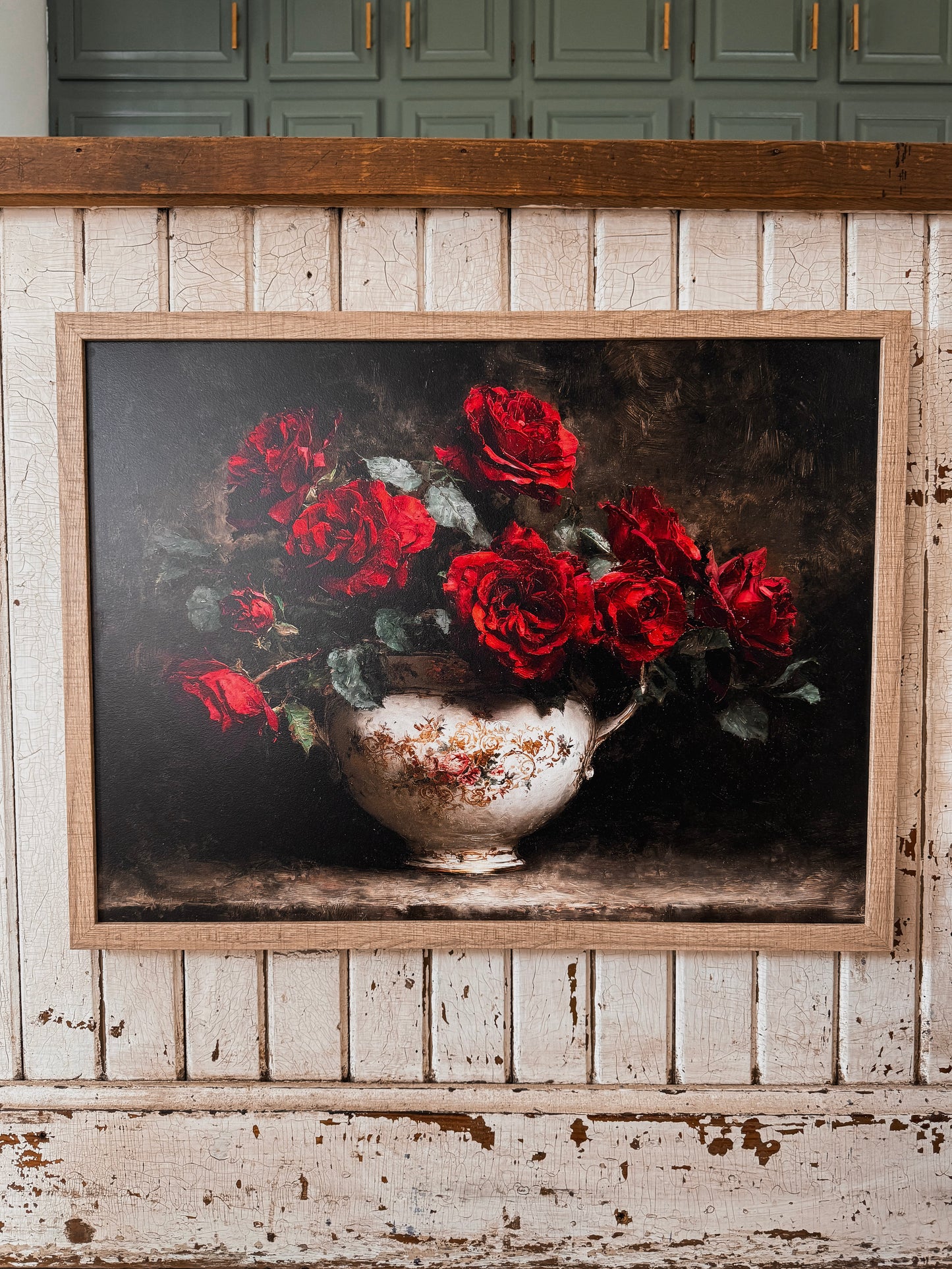 Red Roses in Vintage Vase Wood Sign