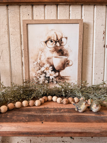 Vintage Baby Chick with Glasses and Coffee Cup Wood Sign
