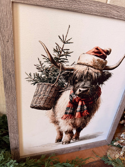 Neutral Highland Cow Christmas Wood Sign