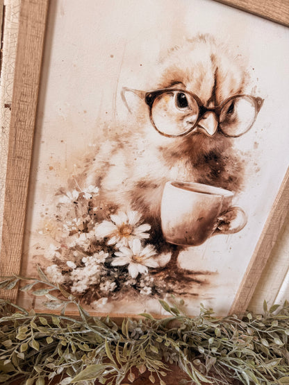 Vintage Baby Chick with Glasses and Coffee Cup Wood Sign