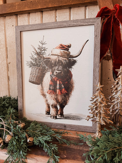 Neutral Highland Cow Christmas Wood Sign