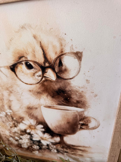 Vintage Baby Chick with Glasses and Coffee Cup Wood Sign