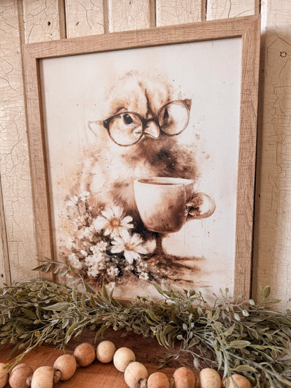 Vintage Baby Chick with Glasses and Coffee Cup Wood Sign