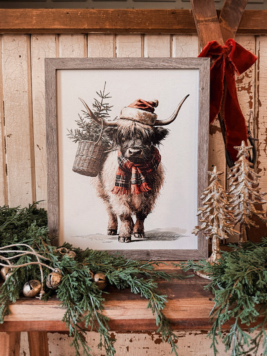 Neutral Highland Cow Christmas Wood Sign