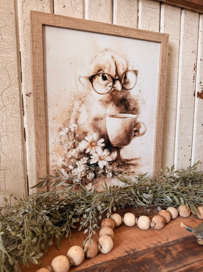 Vintage Baby Chick with Glasses and Coffee Cup Wood Sign