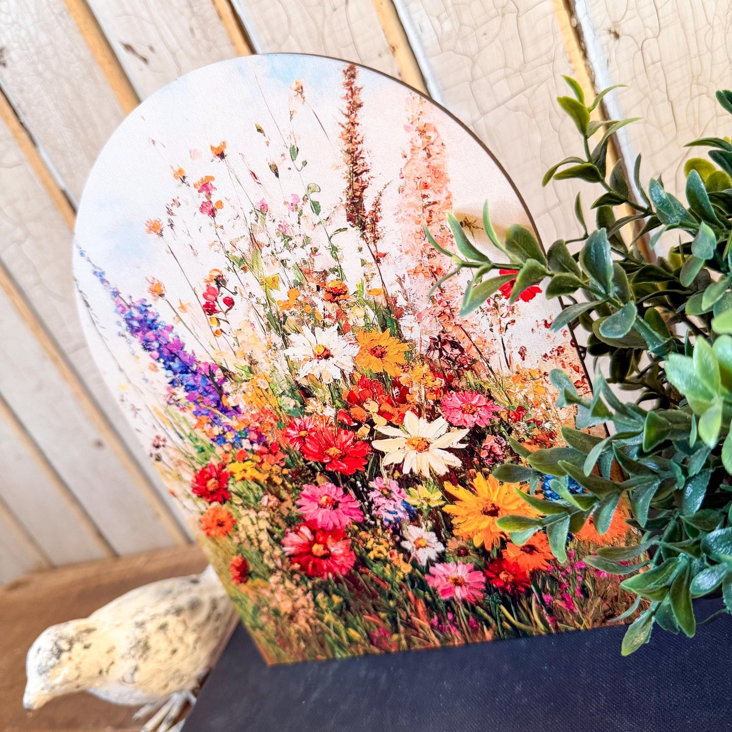 Colorful Summer Wildflowers Arched Wood Sign Shelf Sitter