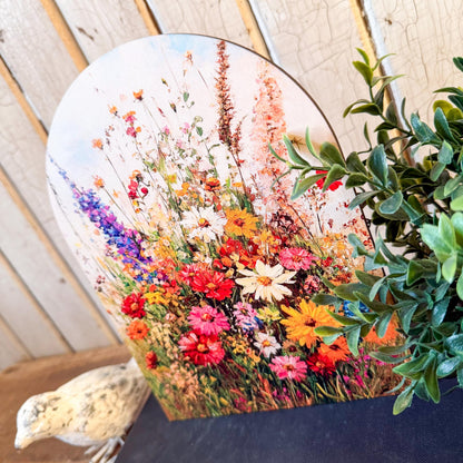 Colorful Summer Wildflowers Arched Wood Sign Shelf Sitter
