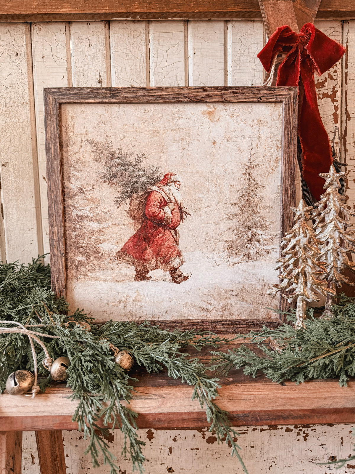 Santa Carrying Christmas Tree Wood Sign