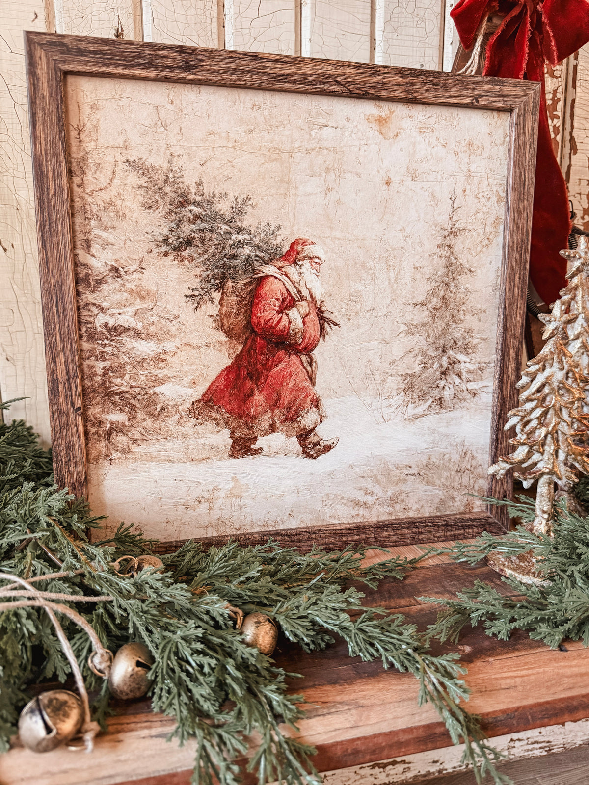 Santa Carrying Christmas Tree Wood Sign