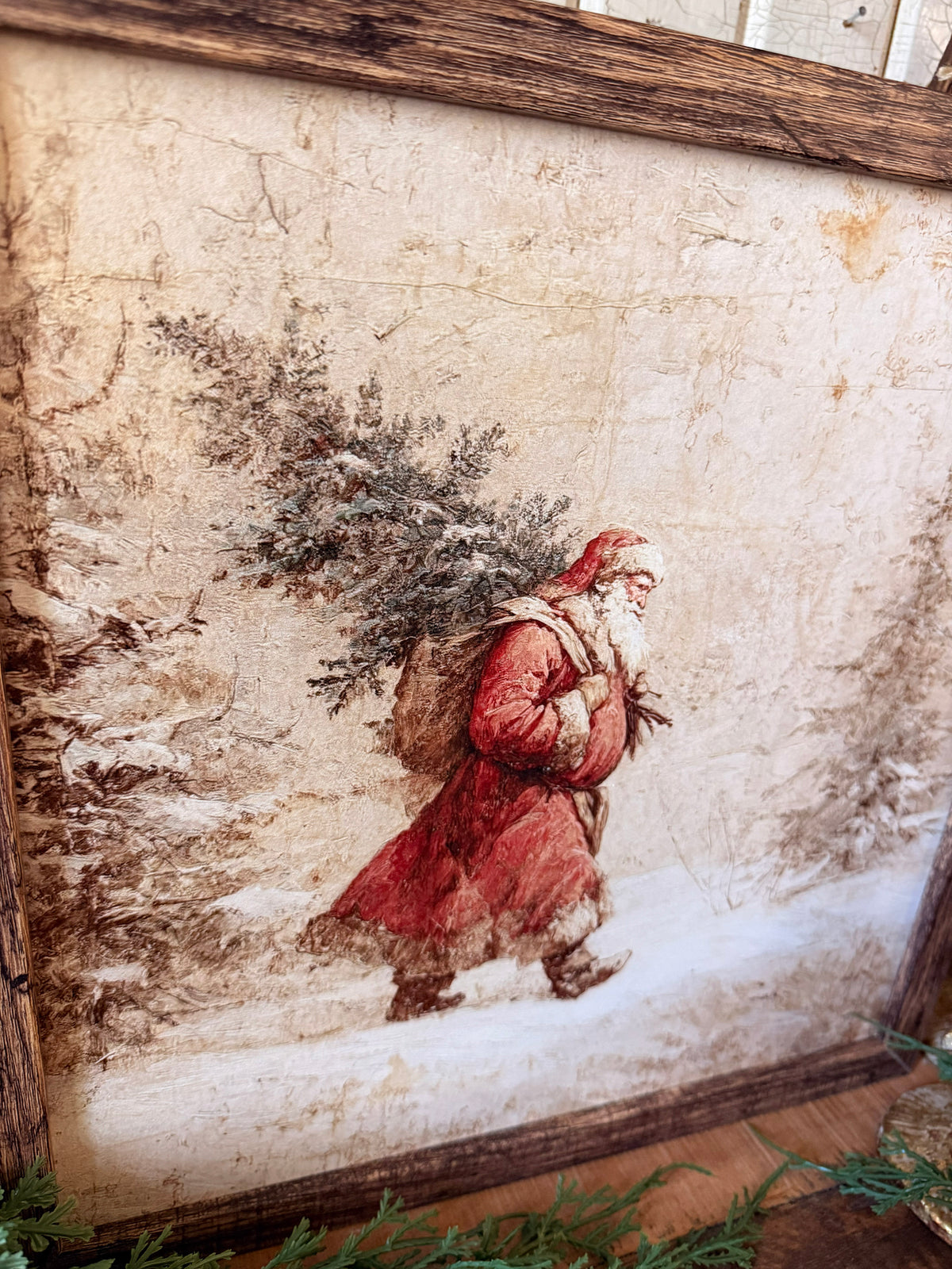 Santa Carrying Christmas Tree Wood Sign
