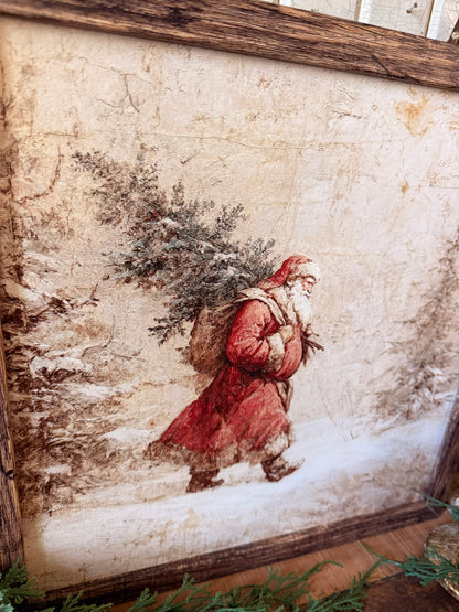Santa Carrying Christmas Tree Wood Sign