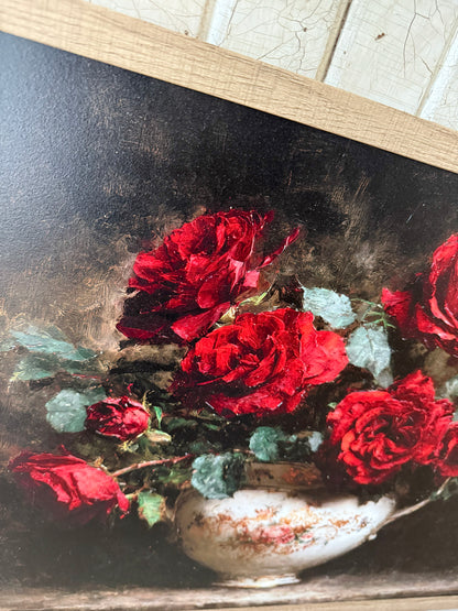 Red Roses in Vintage Vase Wood Sign