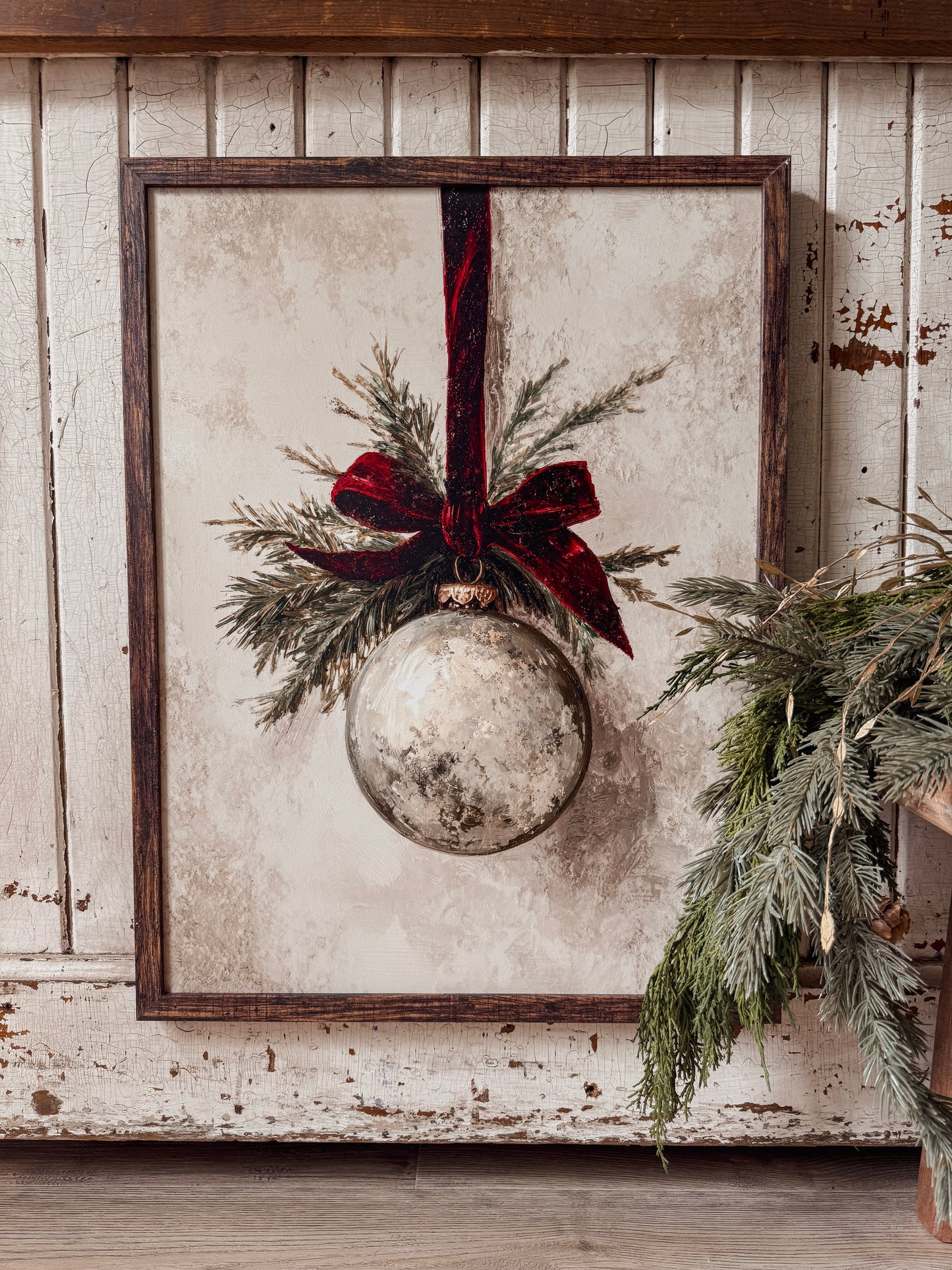 Vintage Ornament w/ Velvet Ribbon Wood Sign