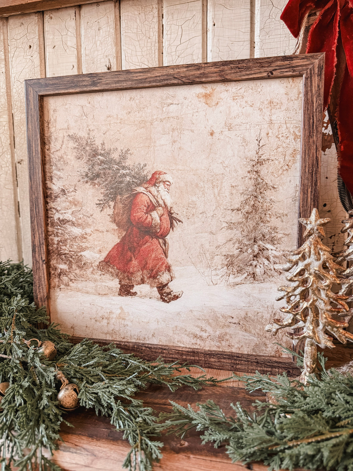 Santa Carrying Christmas Tree Wood Sign