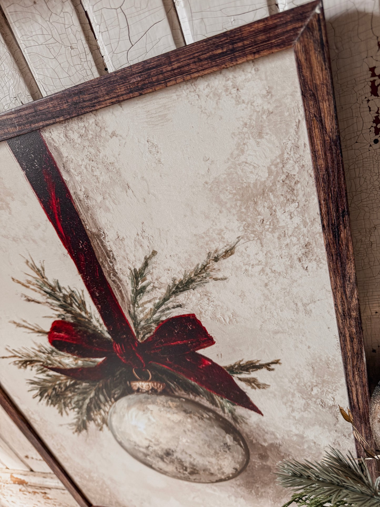 Vintage Ornament w/ Velvet Ribbon Wood Sign