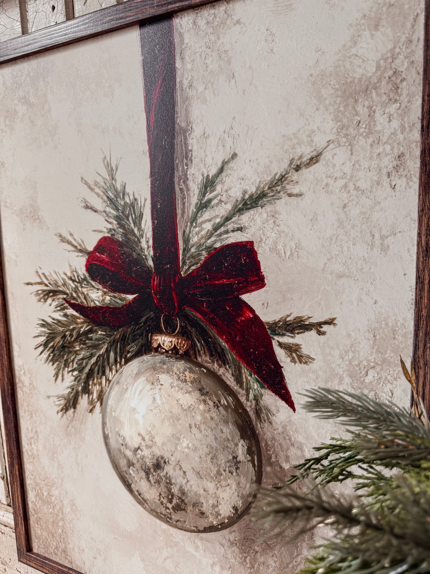 Vintage Ornament w/ Velvet Ribbon Wood Sign