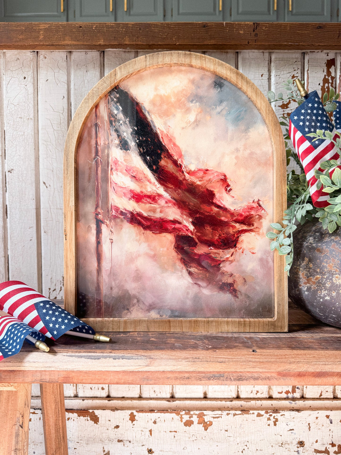 American Flag in Clouds Framed Arched Print