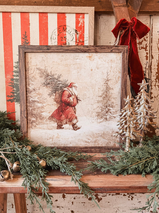 Santa Carrying Christmas Tree Wood Sign