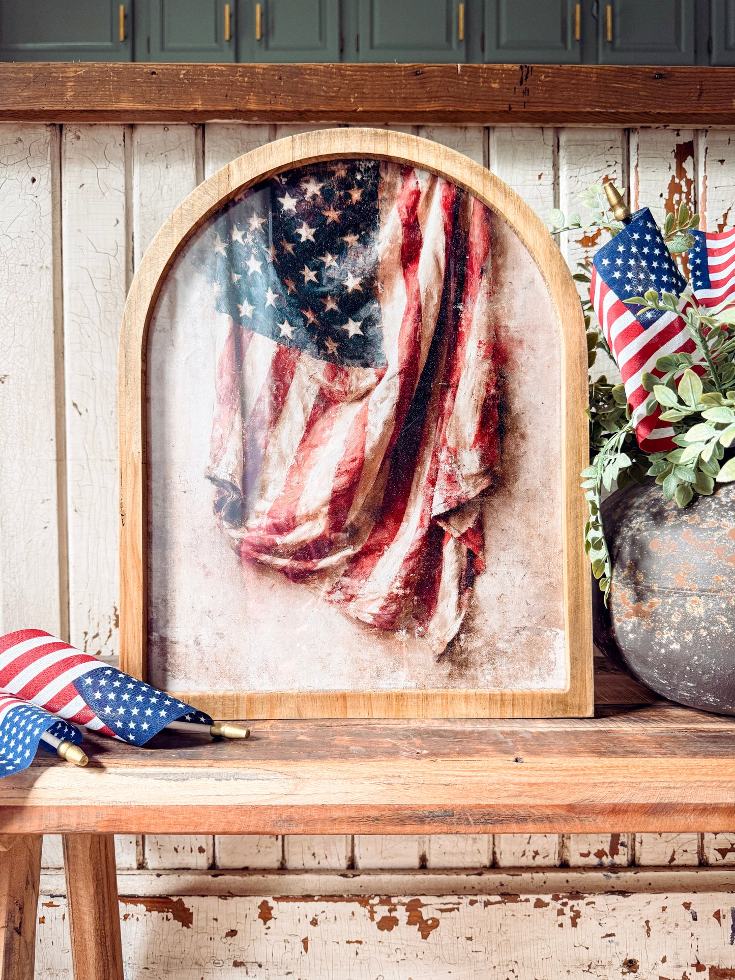 Vintage Vertical American Flag Framed Arched Print