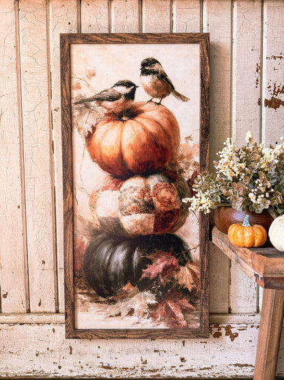Chickadee Pumpkin Stack Art Print Wood Sign