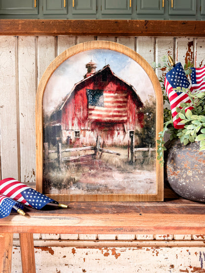 Red Barn with Flag Framed Arched Print