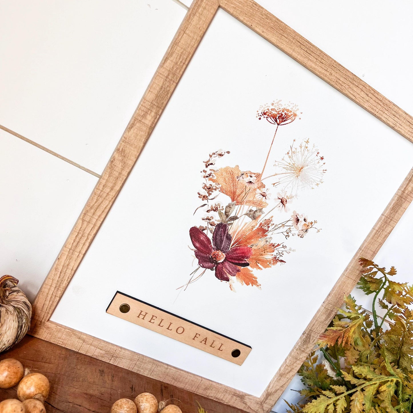 Hello Fall Burgundy Floral Wood Sign