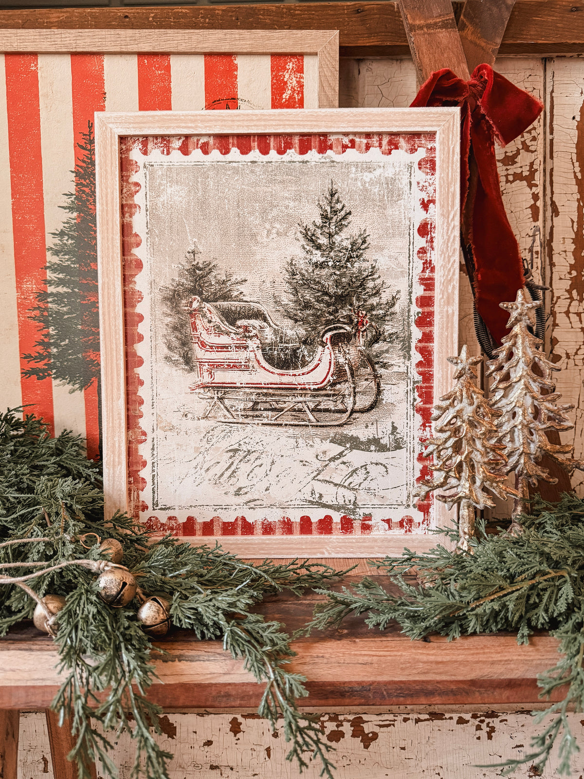 Vintage Christmas Sleigh Stamp Wood Sign