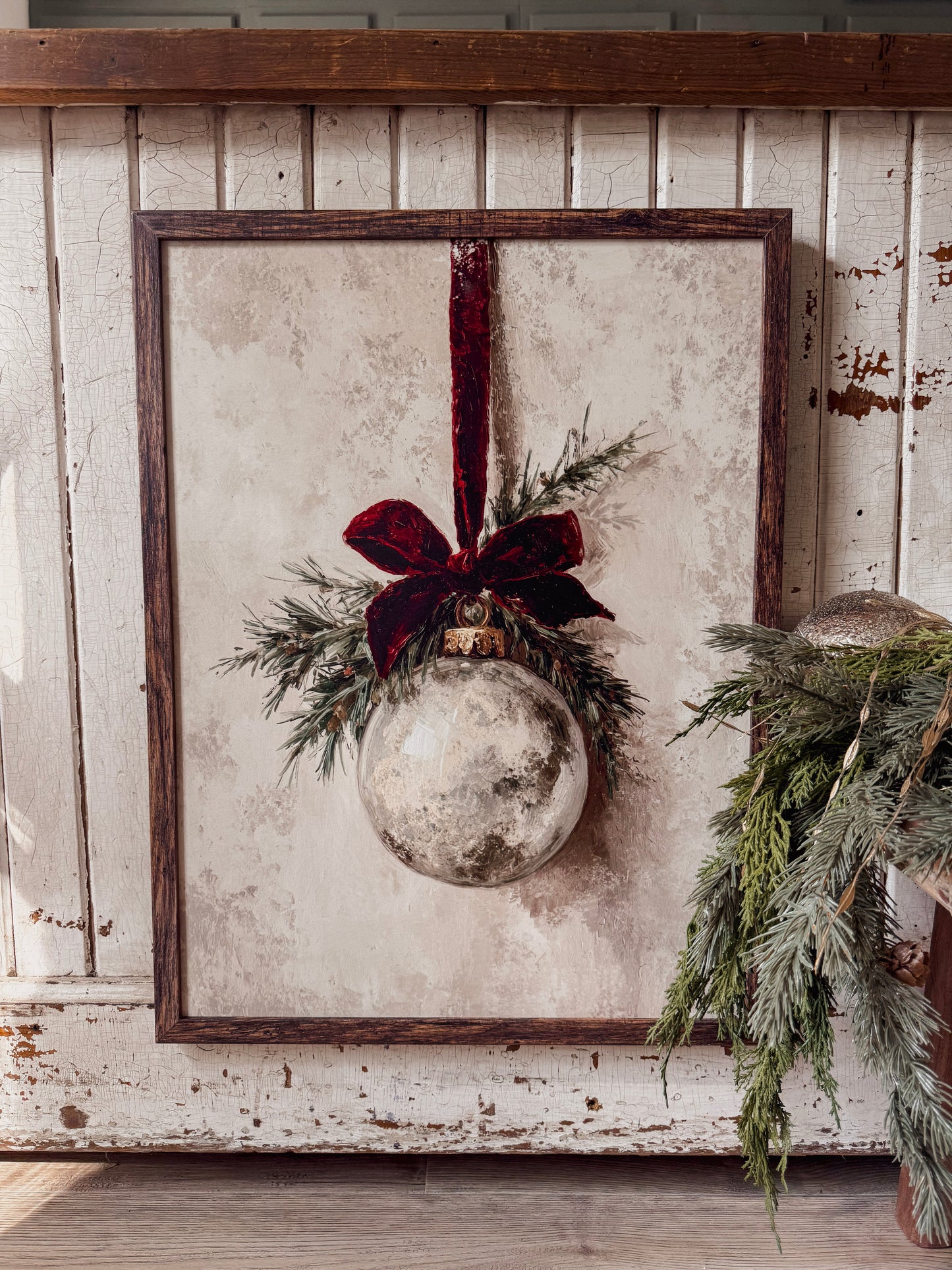 Vintage Ornament w/ Velvet Ribbon Wood Sign