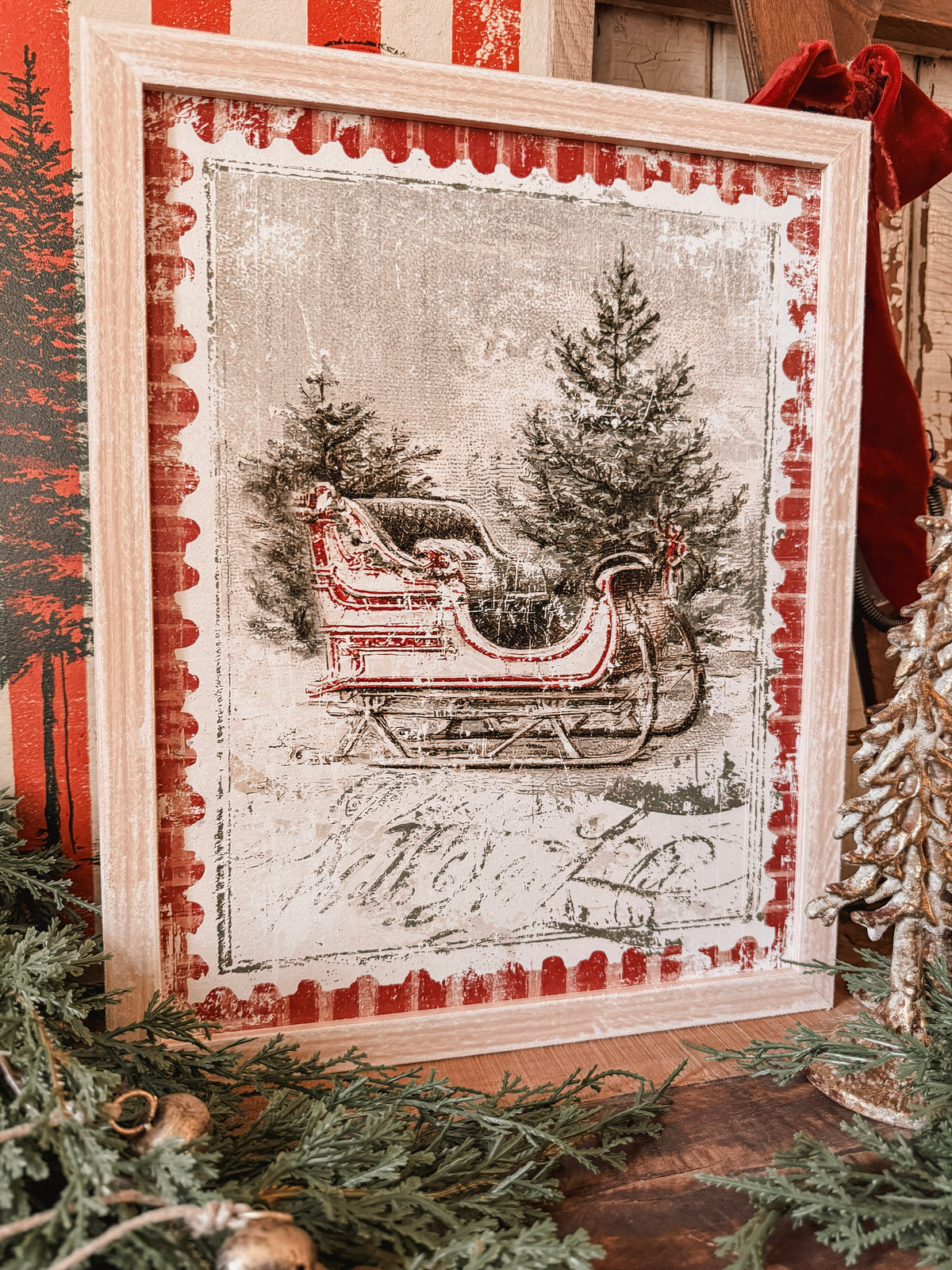 Vintage Christmas Sleigh Stamp Wood Sign