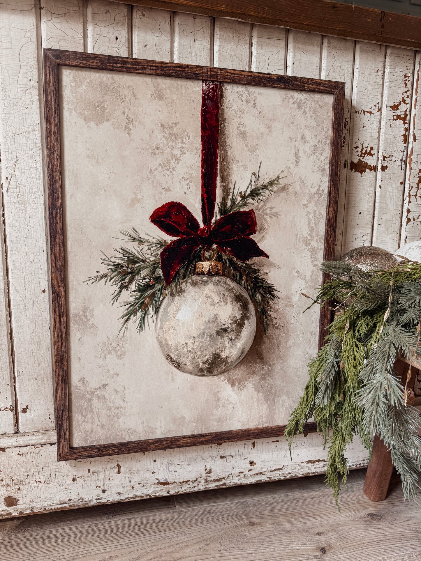 Vintage Ornament w/ Velvet Ribbon Wood Sign