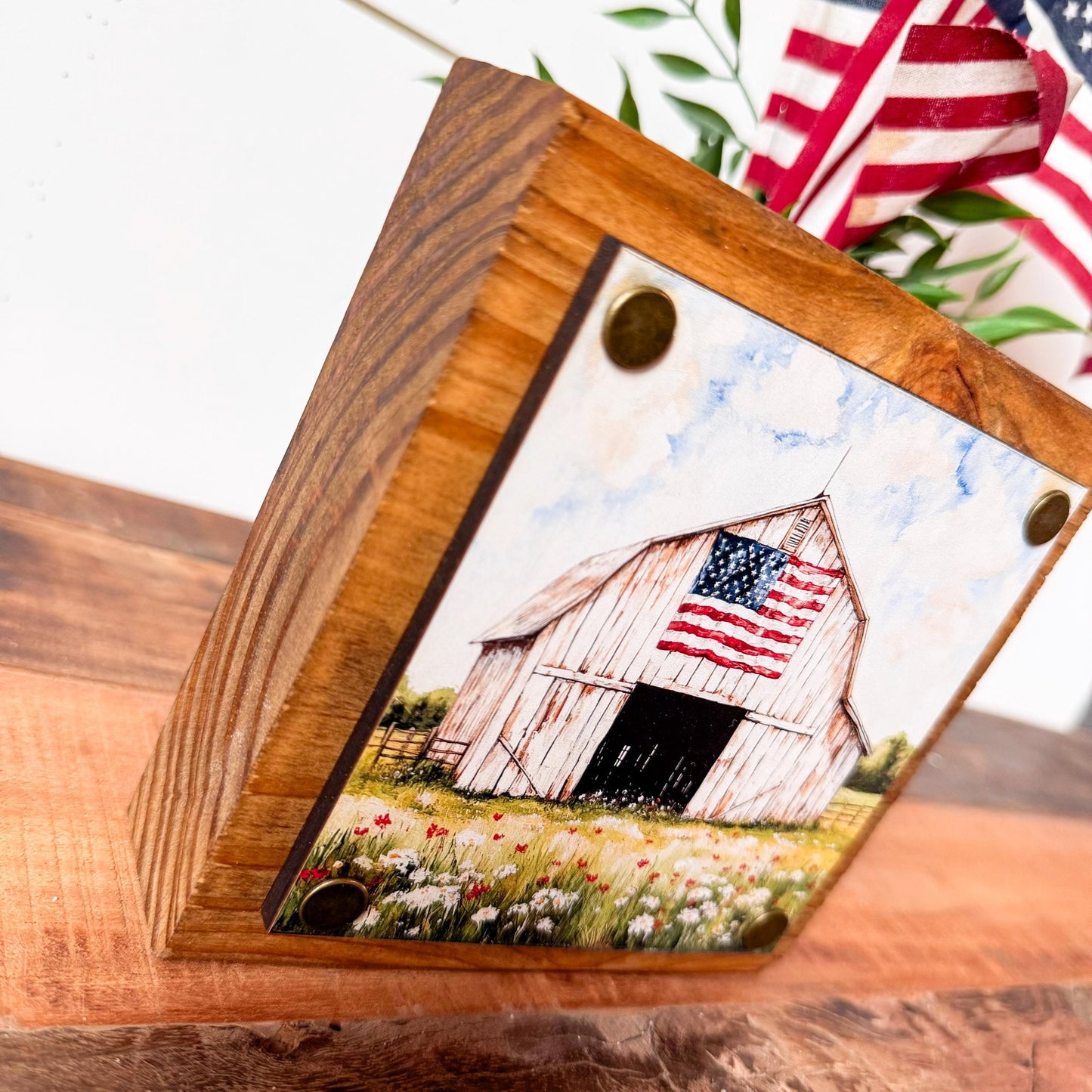 White Barn American Flag Mini Wood Block