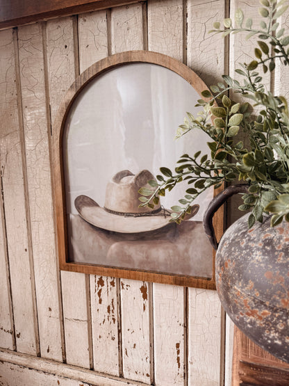 Vintage Neutral Cowboy Hat Framed Arched Print