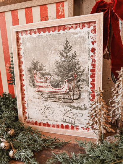 Vintage Christmas Sleigh Stamp Wood Sign