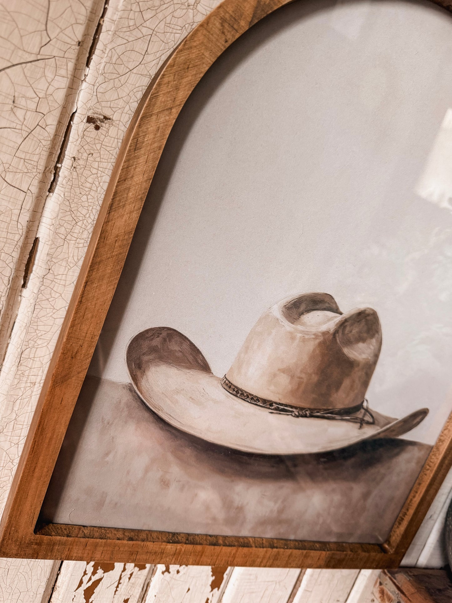Vintage Neutral Cowboy Hat Framed Arched Print