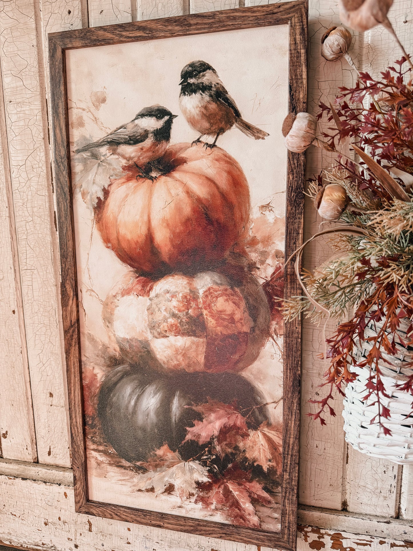 Chickadee Pumpkin Stack Art Print Wood Sign