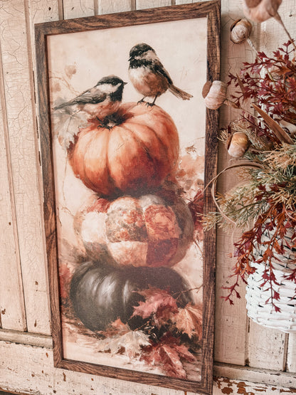 Chickadee Pumpkin Stack Art Print Wood Sign