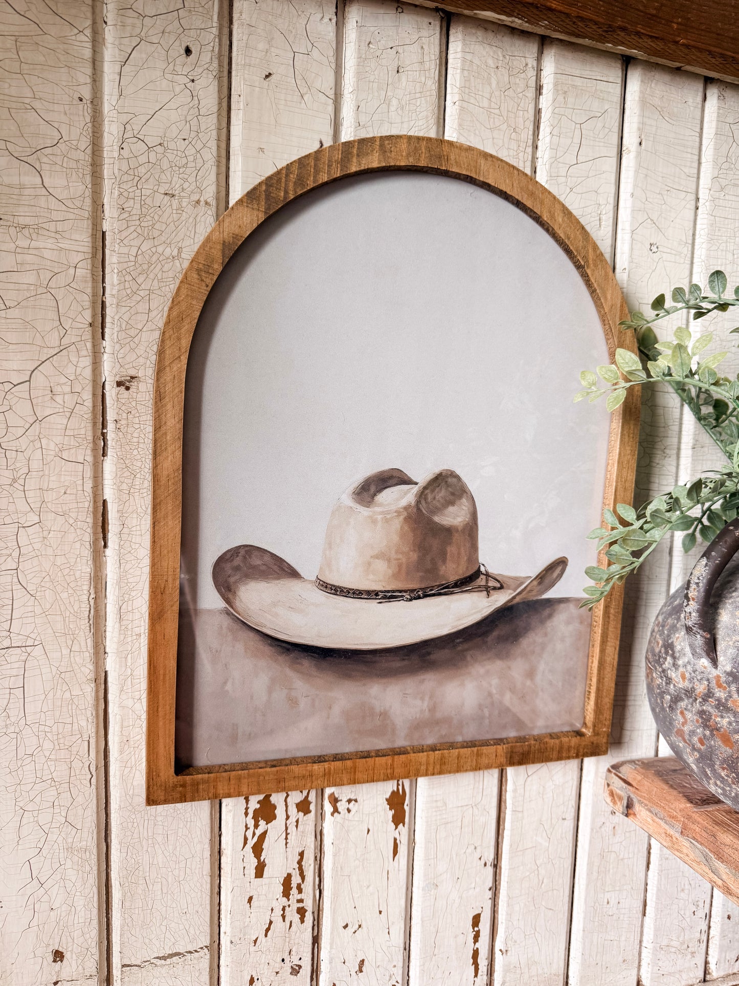 Vintage Neutral Cowboy Hat Framed Arched Print